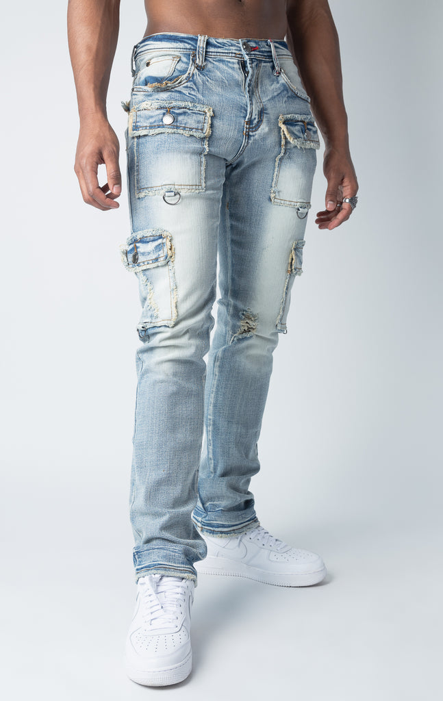 Slim Fit Indigo Denim Cargo Jeans