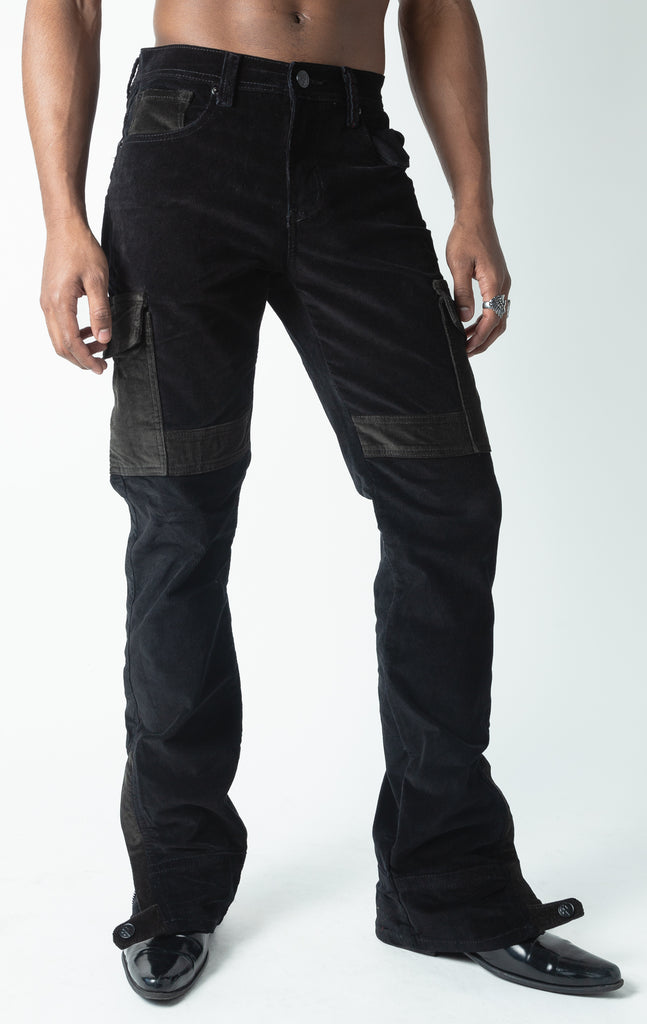 black corduroy semi-stacked flare jeans