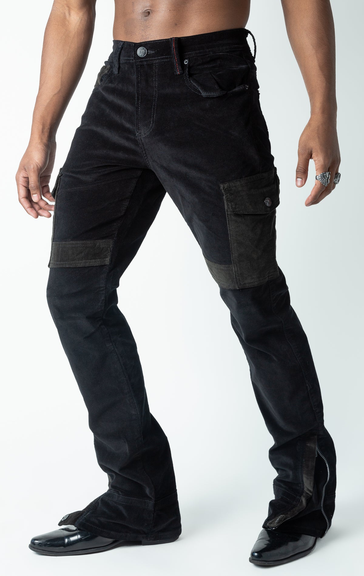 black corduroy semi-stacked flare jeans