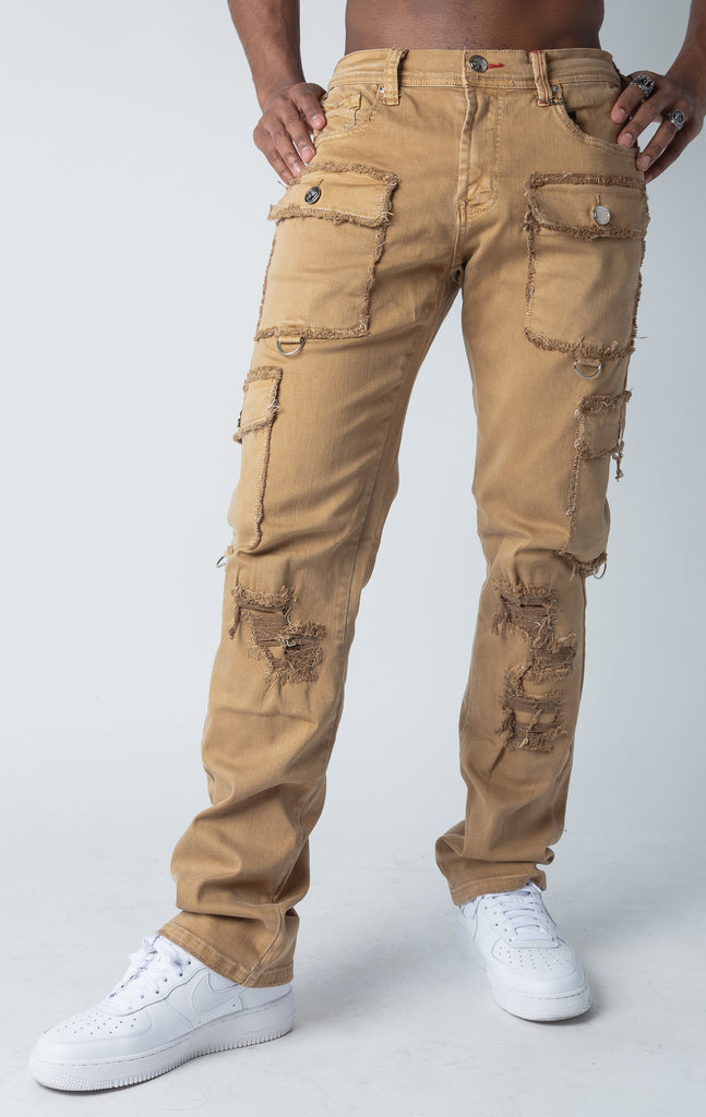 khaki Semi-Stacked Cargo Denim Jean