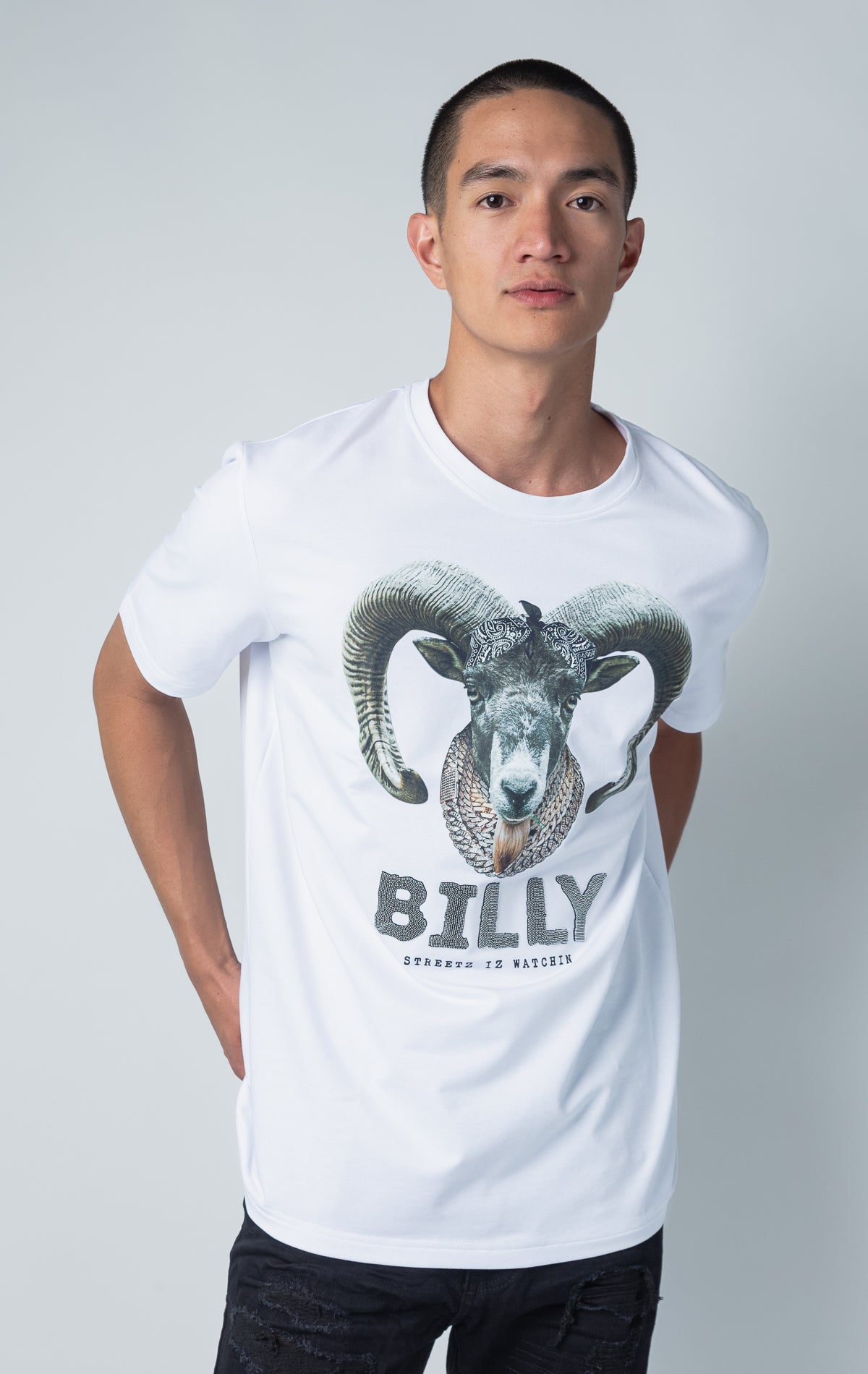 White Billy short sleeve, crewneck collar T-shirt with goat graphic