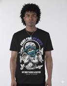 Person wearing a black t-shirt with a graphic design and text on a white background