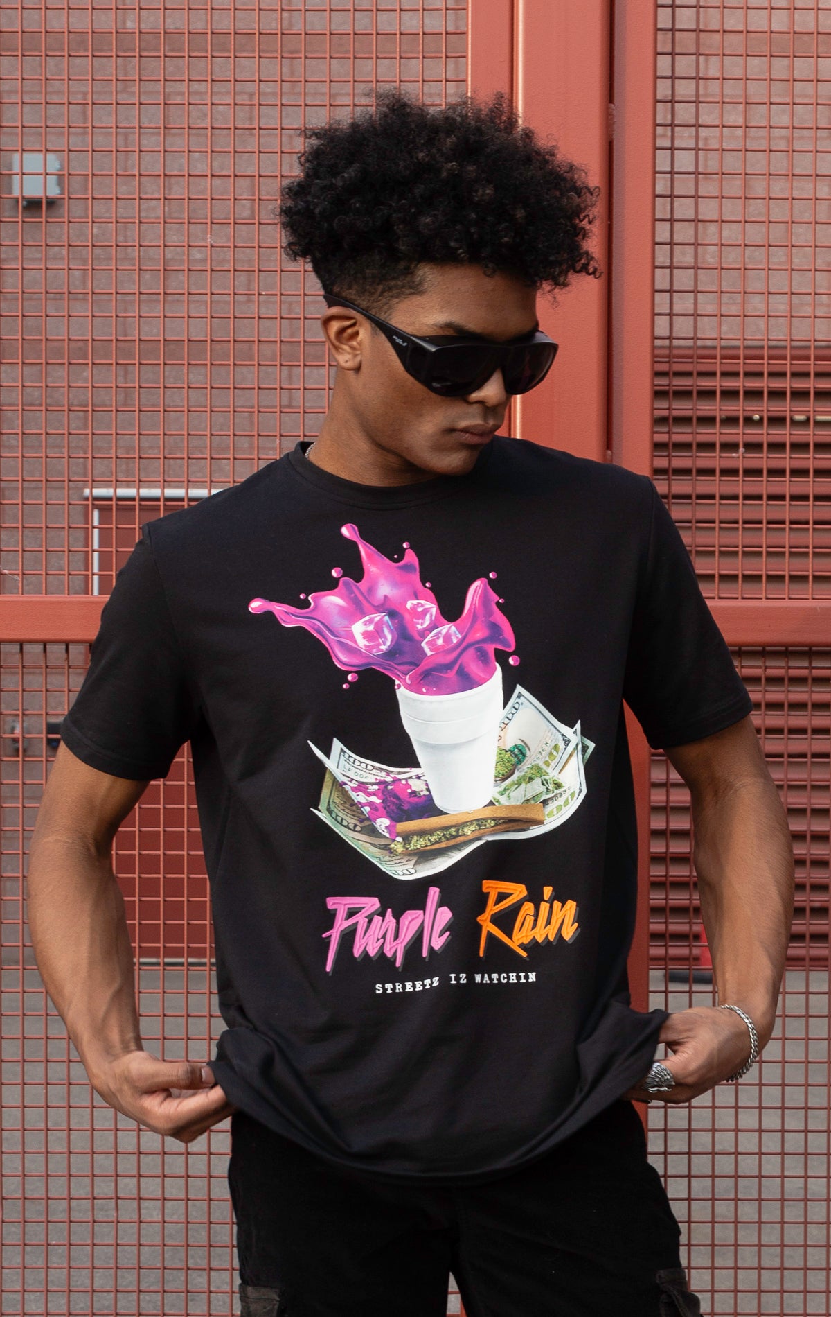 Black Purple rain graphic t-shirt.