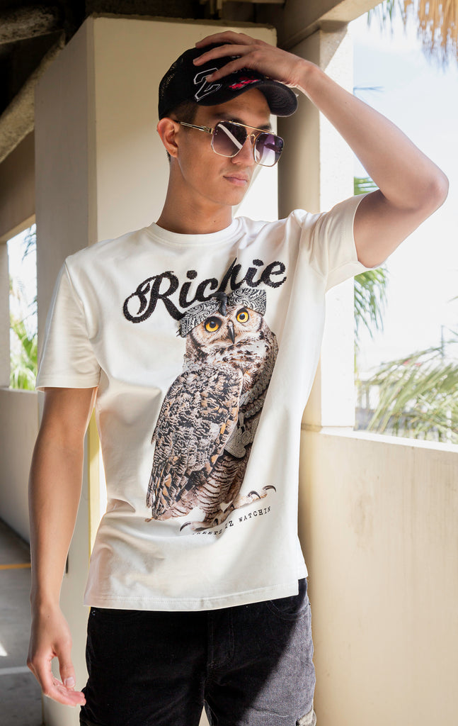 T-shirt. Featuring a bold owl graphic printed