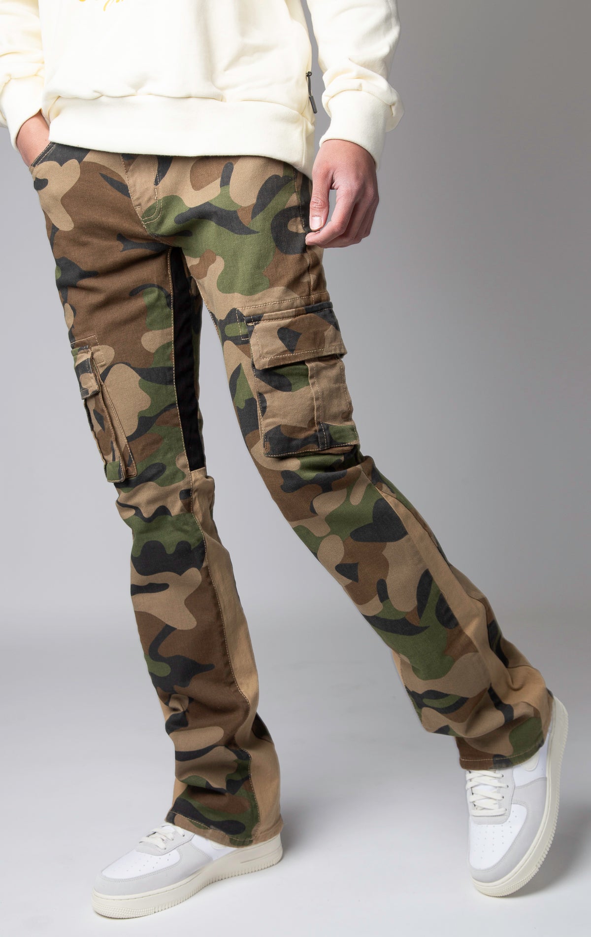Stacked cargo camo pants