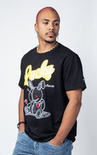 Lucky Charm bunny patch t-shirt in black with a gold slogan on front, 