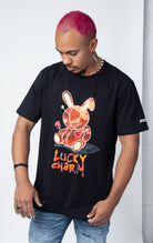 Orange camo luck charm bunny print on black tshirt