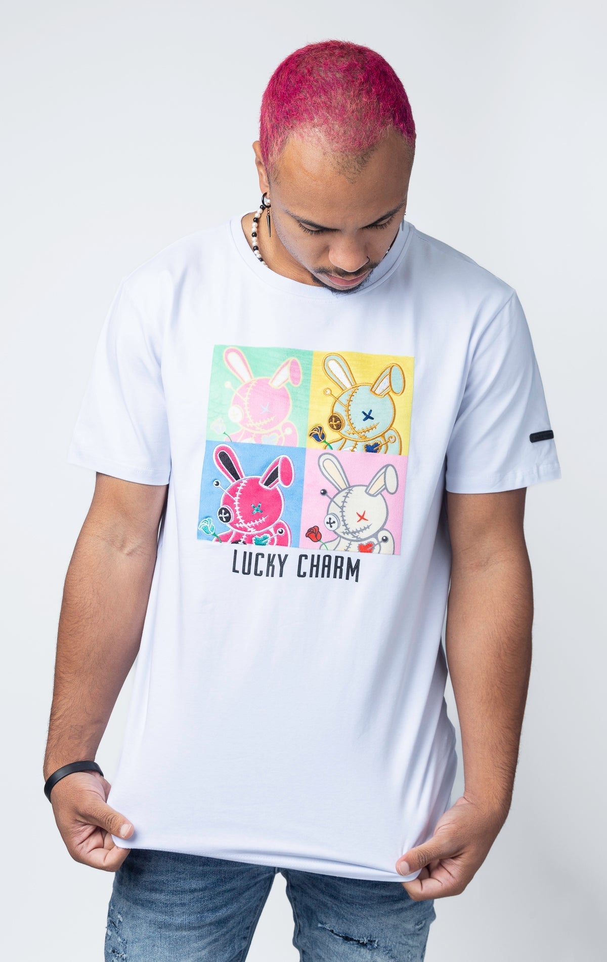 White T-shirt featuring the iconic Lucky Charm Bunny in an Andy Warhol-inspired graphic.