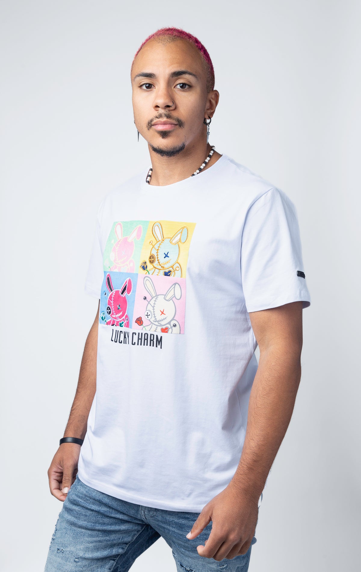 White T-shirt featuring the iconic Lucky Charm Bunny in an Andy Warhol-inspired graphic.