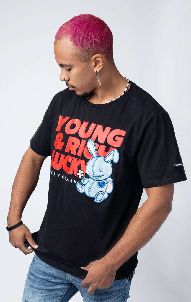 Stylish black T-shirt featuring a motivational 'Young, Rich, and Lucky' slogan