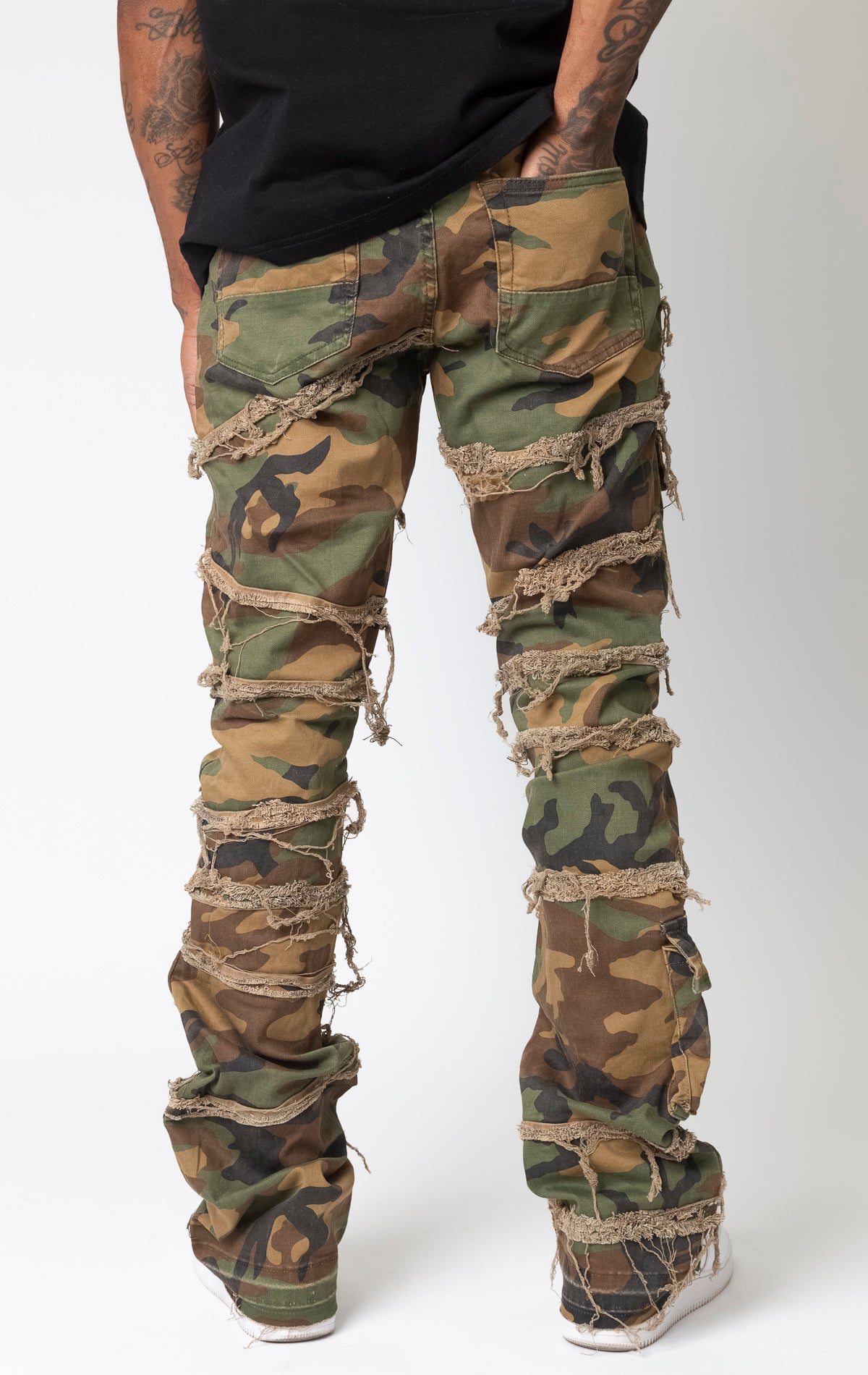 Camo pants with premium stretch, 2% spandex, and premium leather waist label, featuring a button fly