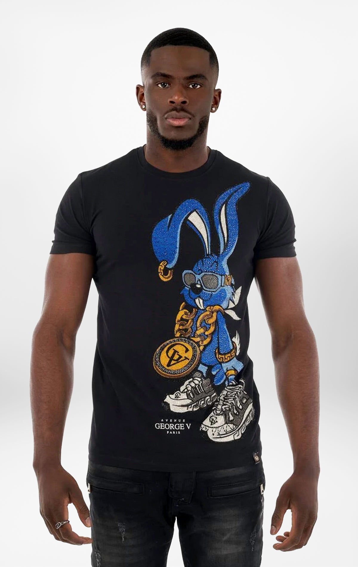 Black  T-Shirt featuring a charming Bunny print. 