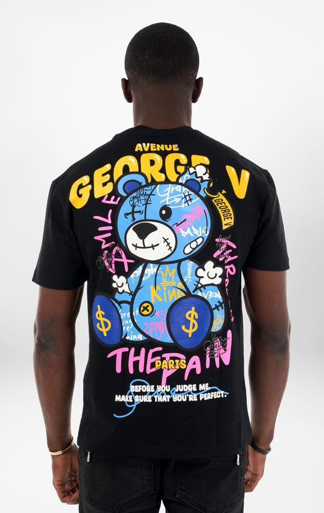 Black T-Shirt featuring a vibrant graffiti bear graphic. 