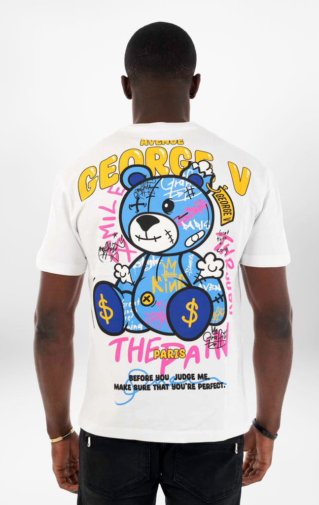 White T-Shirt featuring a vibrant graffiti bear graphic.