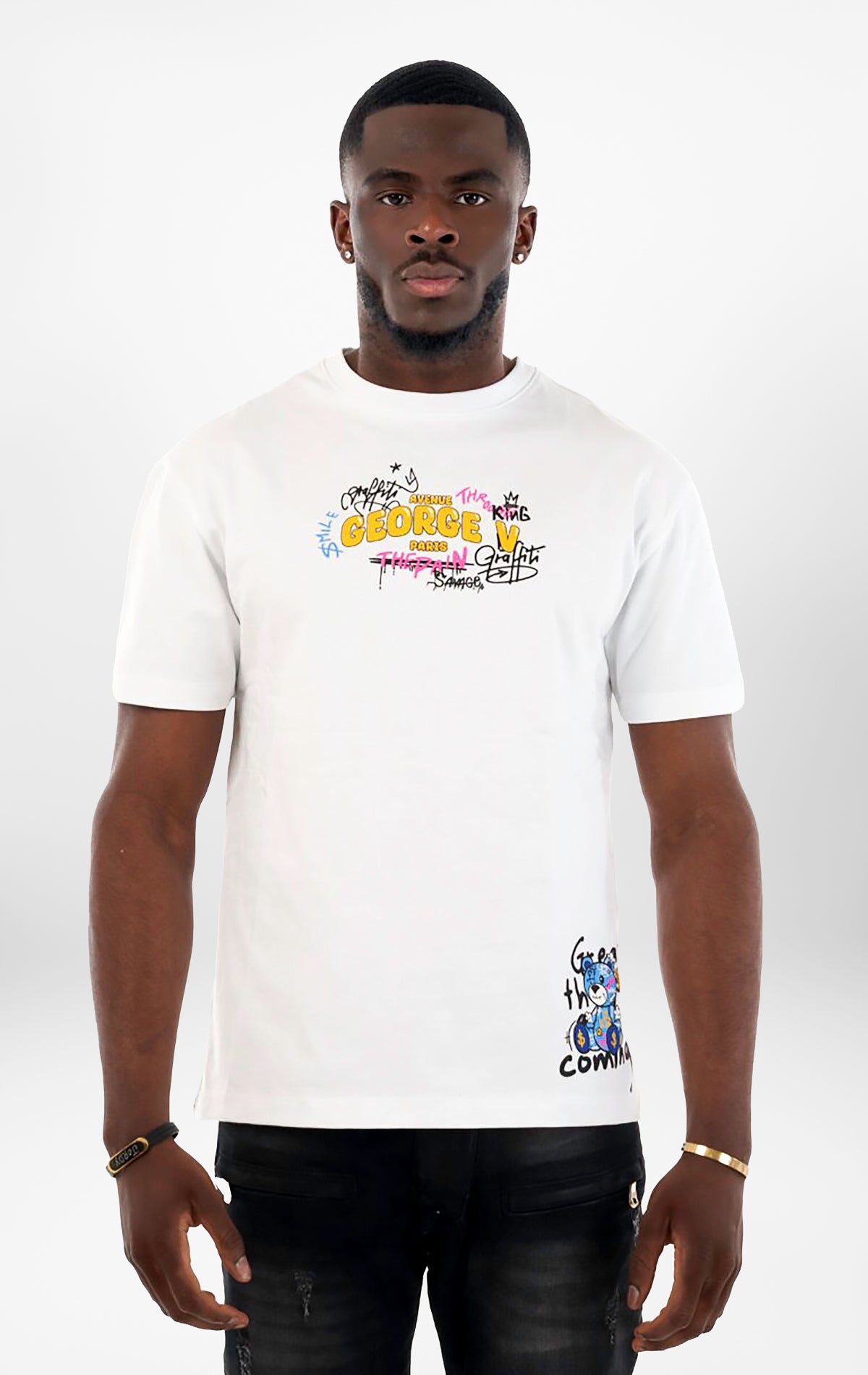 White T-Shirt featuring a vibrant graffiti bear graphic. 