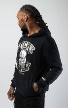 Black hoodie with leather lucky charm logo.