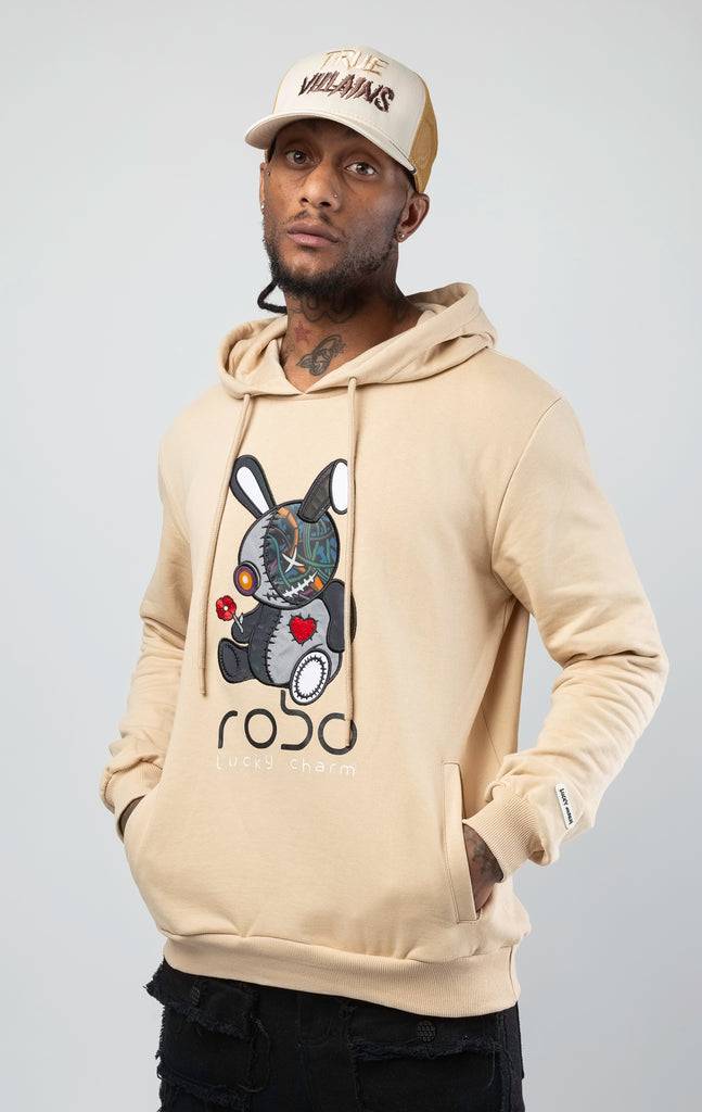Embrace the future with this futuristic Robo Graphic hoodie in beige