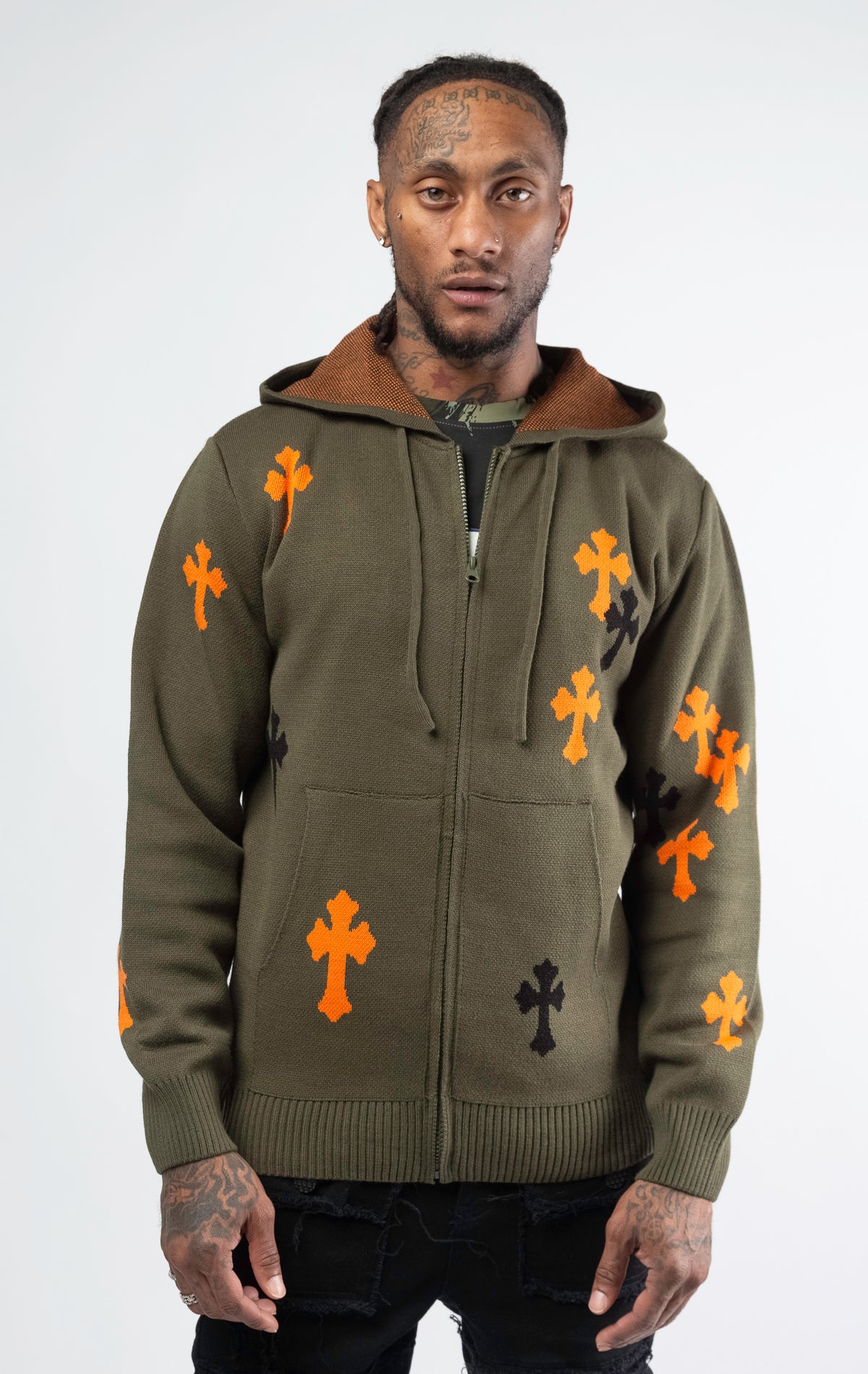 A stylish and comfortable olive zip-up hoodie featuring a soft knitted fabric, relaxed fit, full-zip closure, two spacious kangaroo pockets, and a rich olive color.