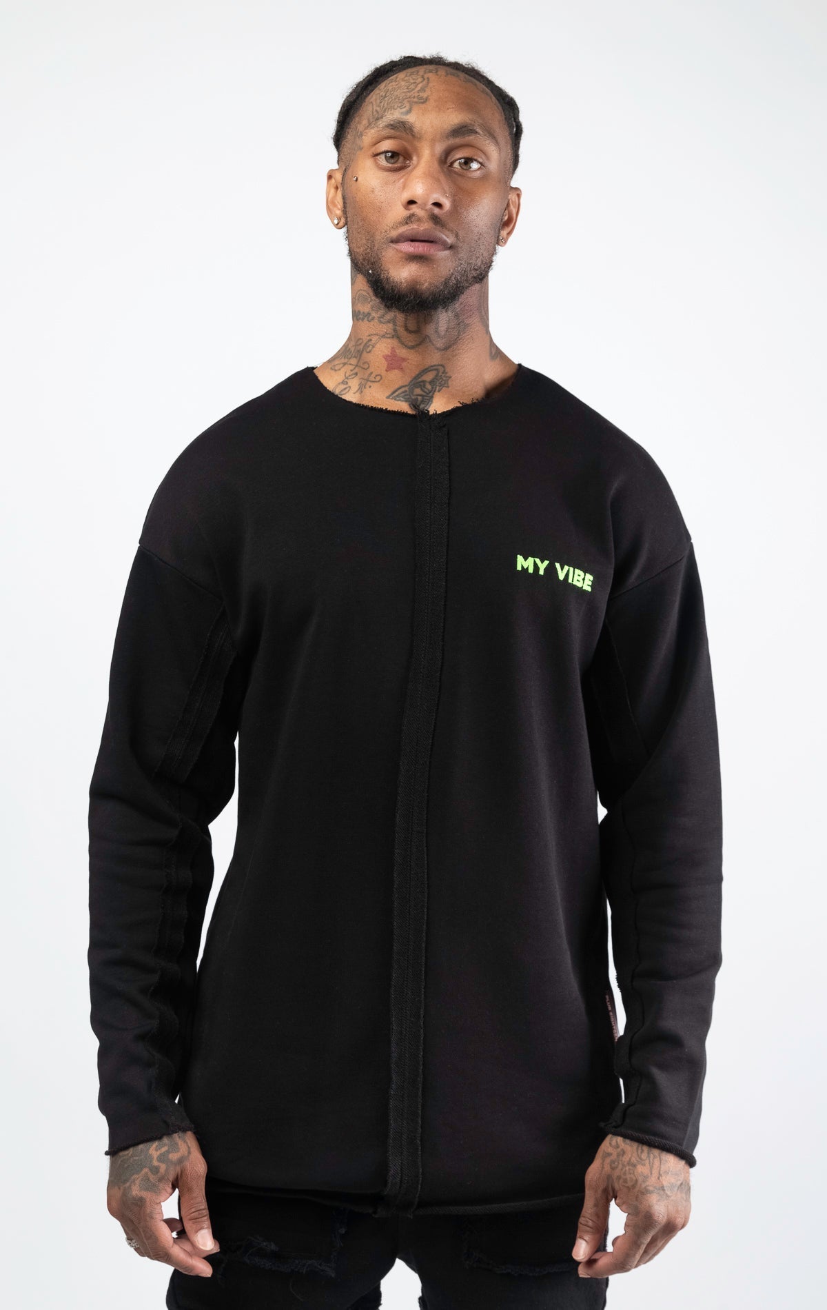 Black sweatshirt with "My Vibe" logo on chest left side.