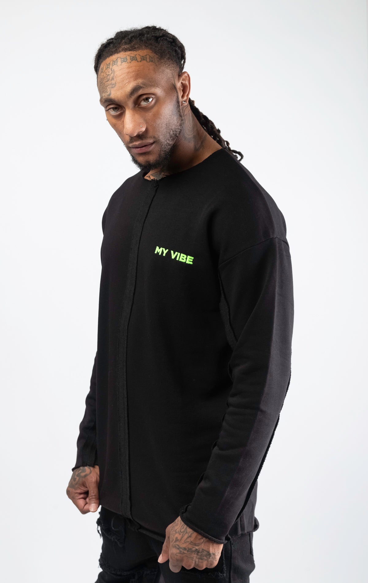 Black sweatshirt with "My Vibe" logo on chest left side.