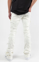 White Fray panel with stitch design, stacked cargo jeans with classic 5 pockets and flared bottom leg.