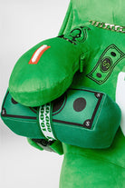 Green plush bear-shaped backpack filled with stacks of cash  This limited-edition backpack has various storage compartments, embroidered details, adjustable shoulder straps, and measures 22" H x 11" L x 9" D | 56 x 28 x 23cm.