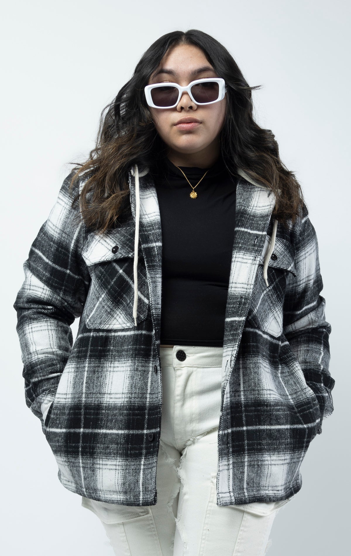 Female model wearing black and white Hooded Flannel Overshirt