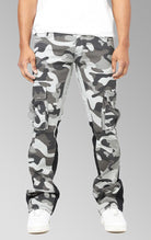 Stacked black and white cargo camo pants