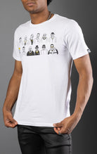 White cotton tee with 50 years of hip-hop prints on front and back