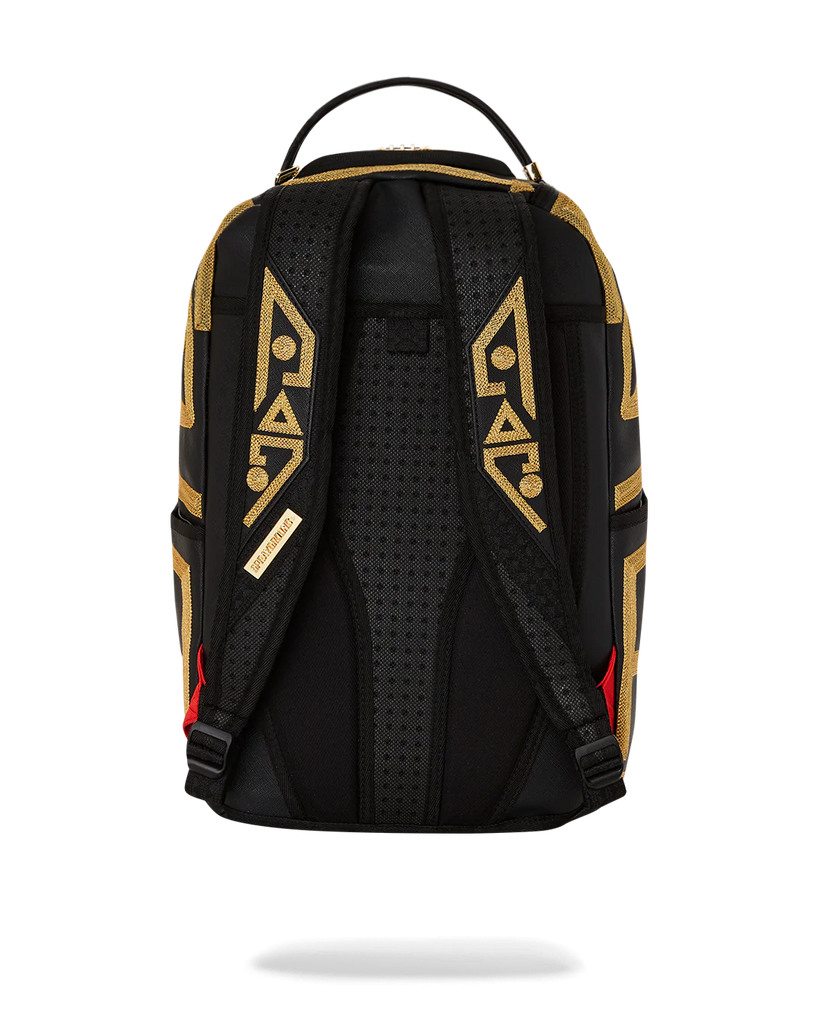 Black backpack with tribal gold design back