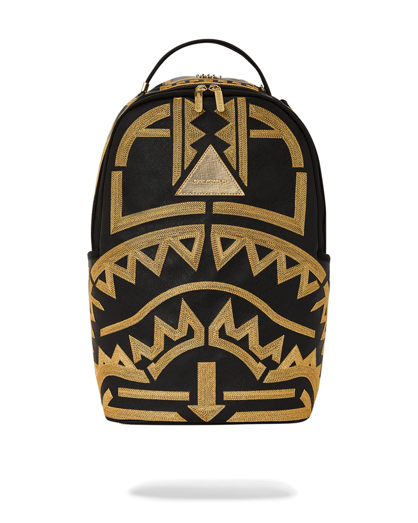 Black backpack with tribal gold design