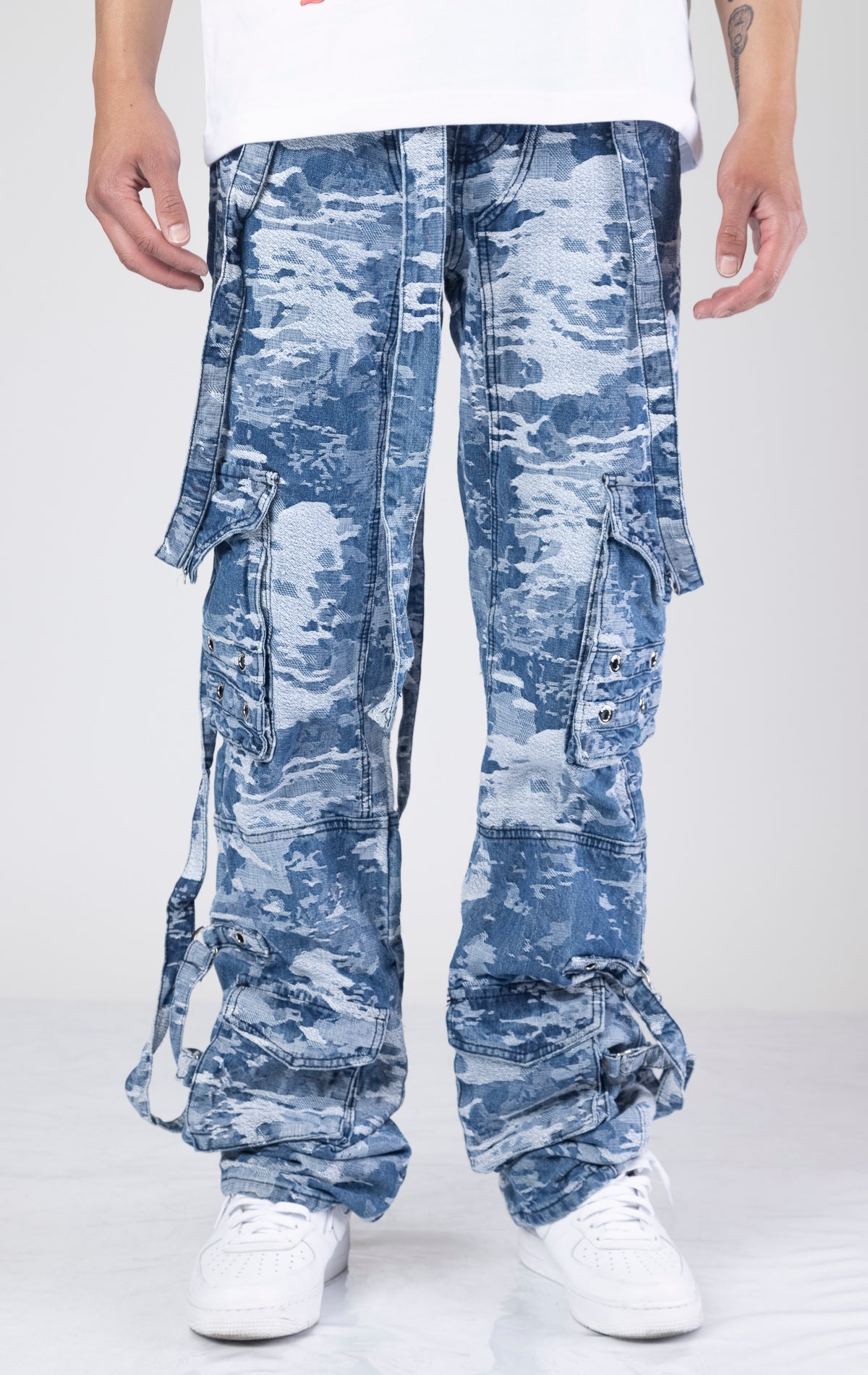 Aqua blue distressed raver cargo premium denim.&nbsp;