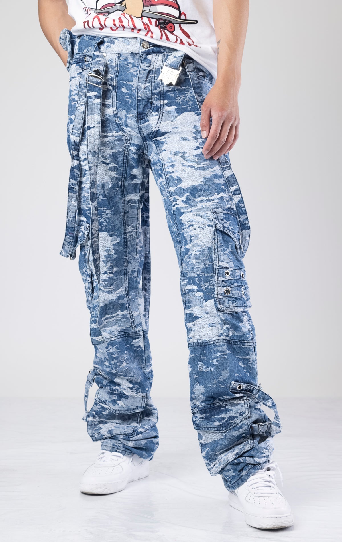 Aqua blue distressed raver cargo premium denim.&nbsp;