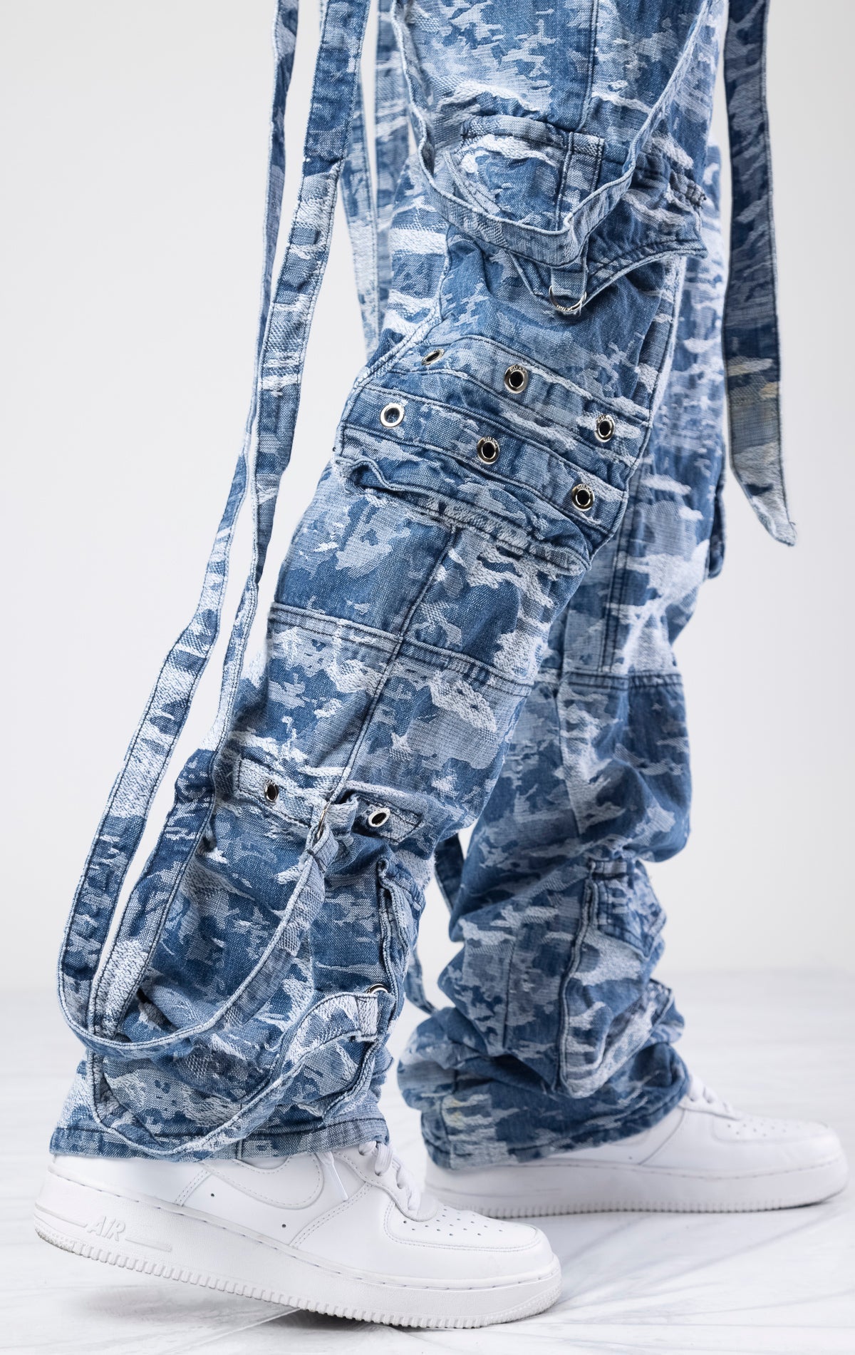 Aqua blue distressed raver cargo premium denim.&nbsp;