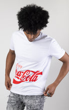 Men's short-sleeve crew neck t-shirt in a variety of colors. The shirt features a Coca-Cola logo graphic on the front. The graphic is heat-sealed and the tee is made from a blend of 94% cotton and 6% spandex.