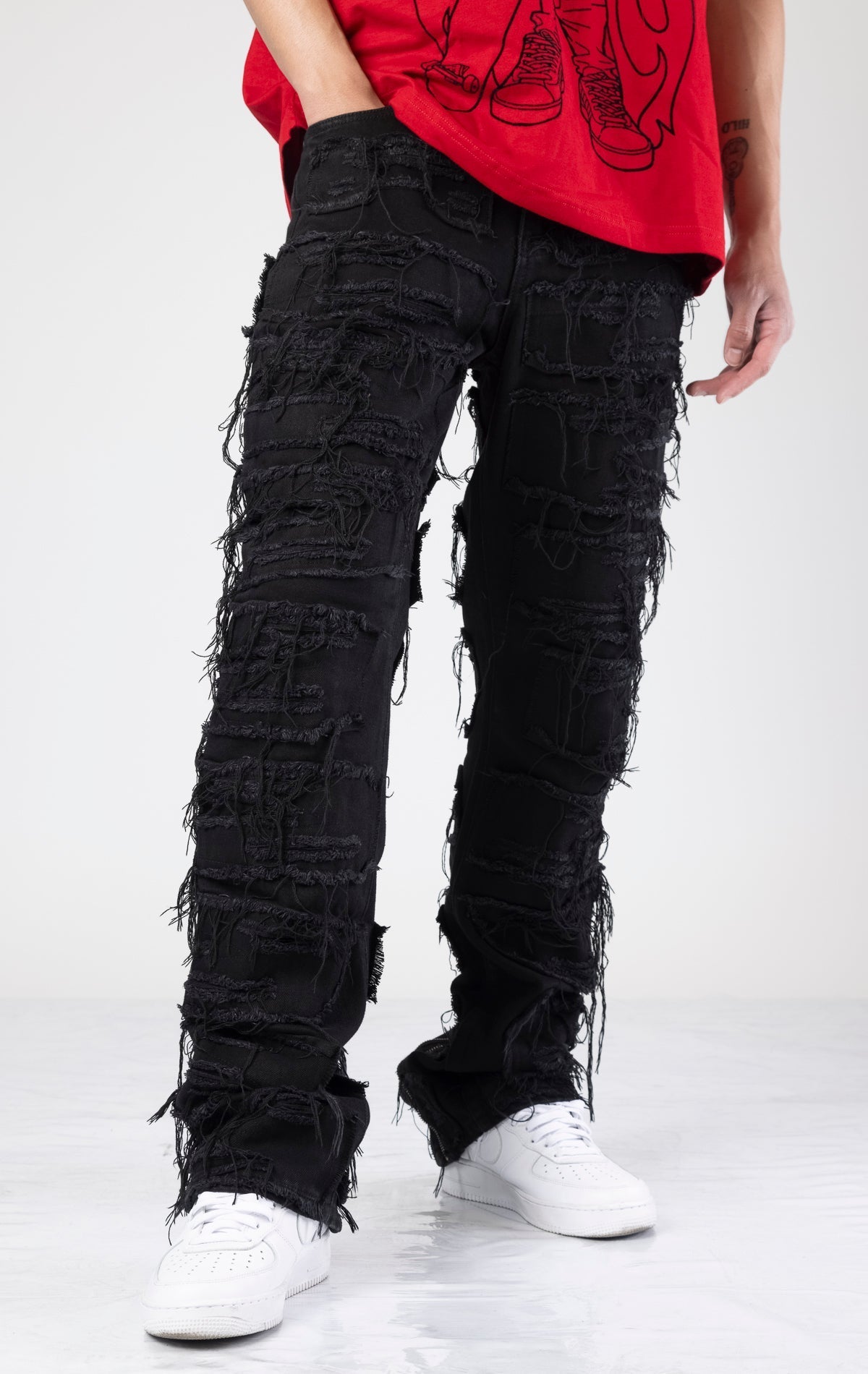 Distressed baggy denim in black