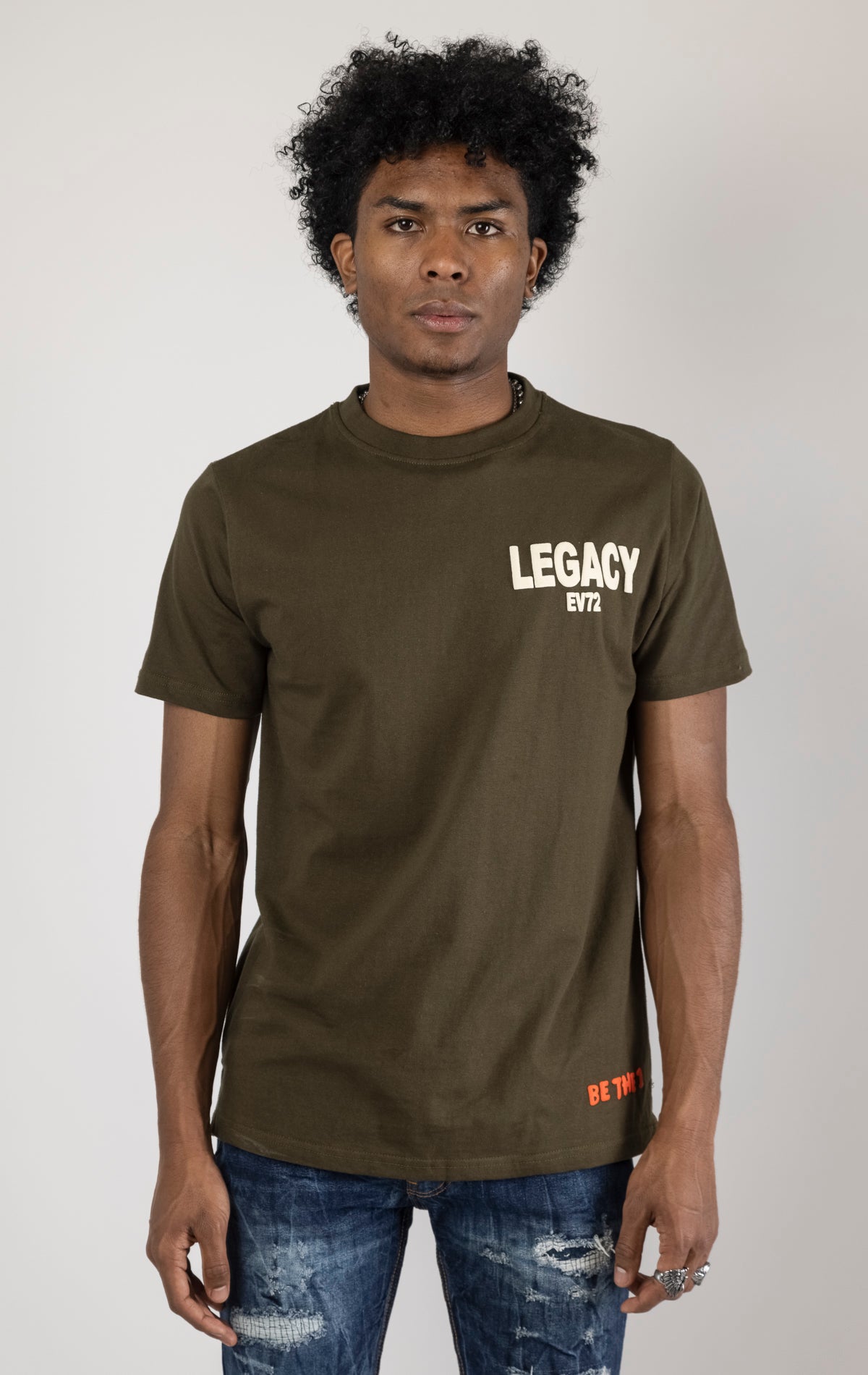 Men's crew neck t-shirt in a solid olive green color. The shirt has short sleeves and is made from 100% cotton.  