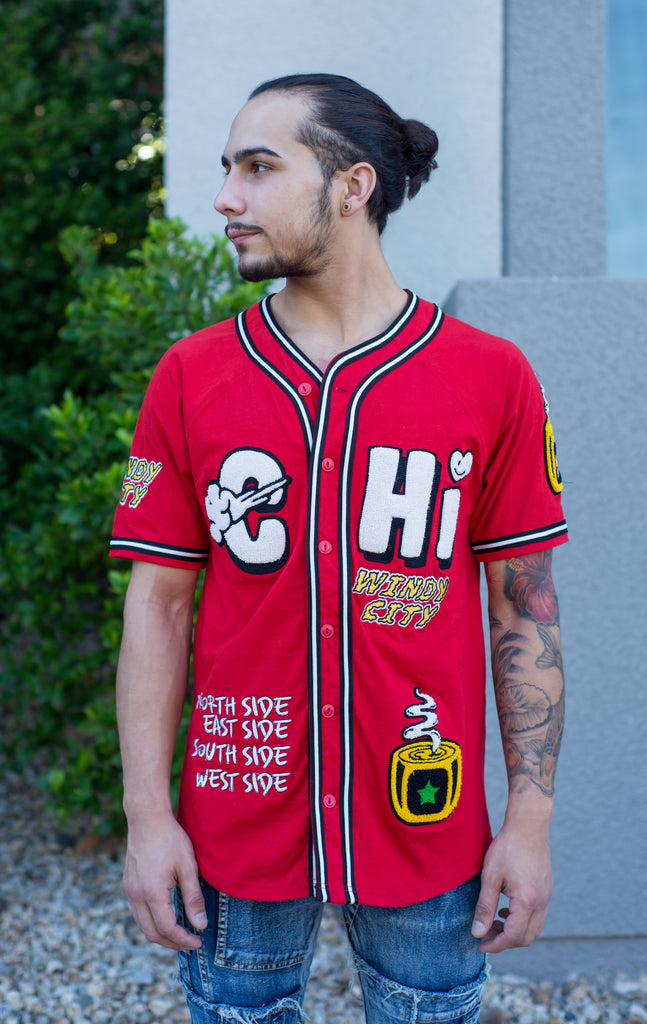 Red baseball jersey with chenille appliques and button closure.