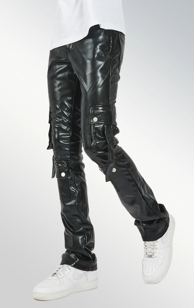 Black Elevated Stacked Flare Cargo Jean for men in sleek faux leather