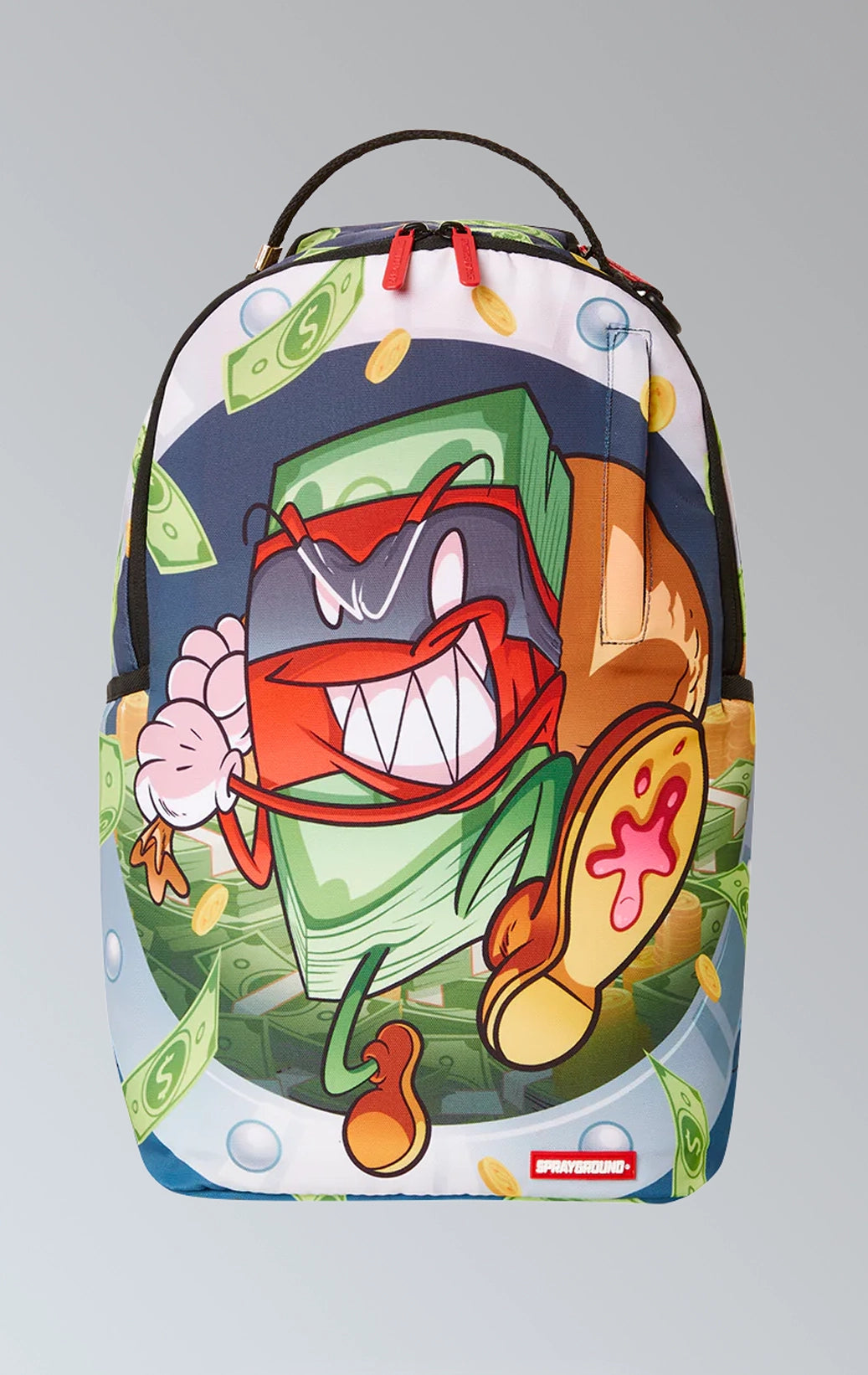 Sprayground Money boy backpack with multiple compartments, including a separate velour laptop compartment and a velour sunglass compartment. Features ergonomic mesh back padding, adjustable straps, gold zippers with metal hardware, and a slide-through back sleeve for attaching to carry-on luggage. Made from durable 900D polyester fabric.