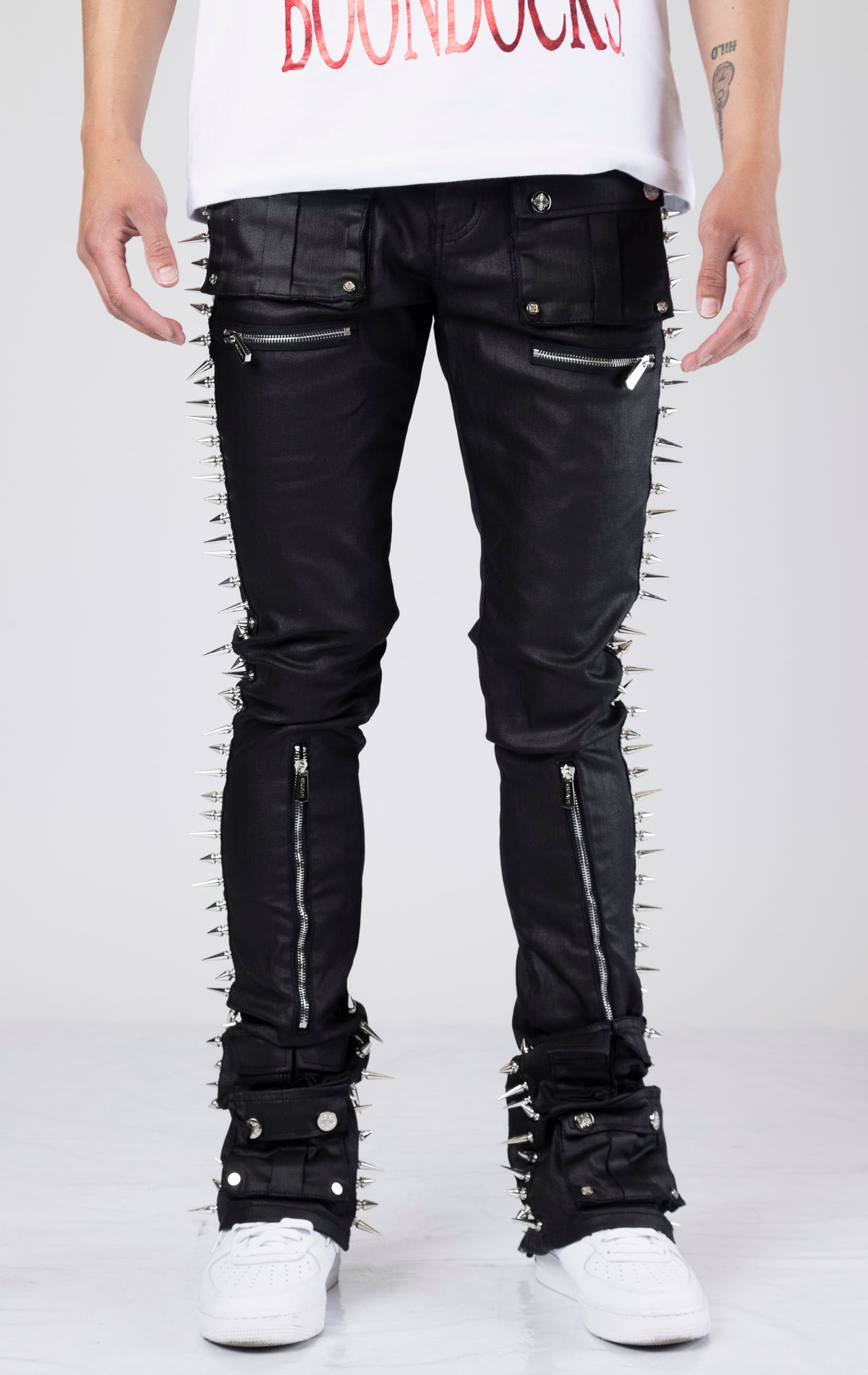 Obsidian black waxed spikes denim