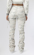 White stacked cargo pants in off white camo