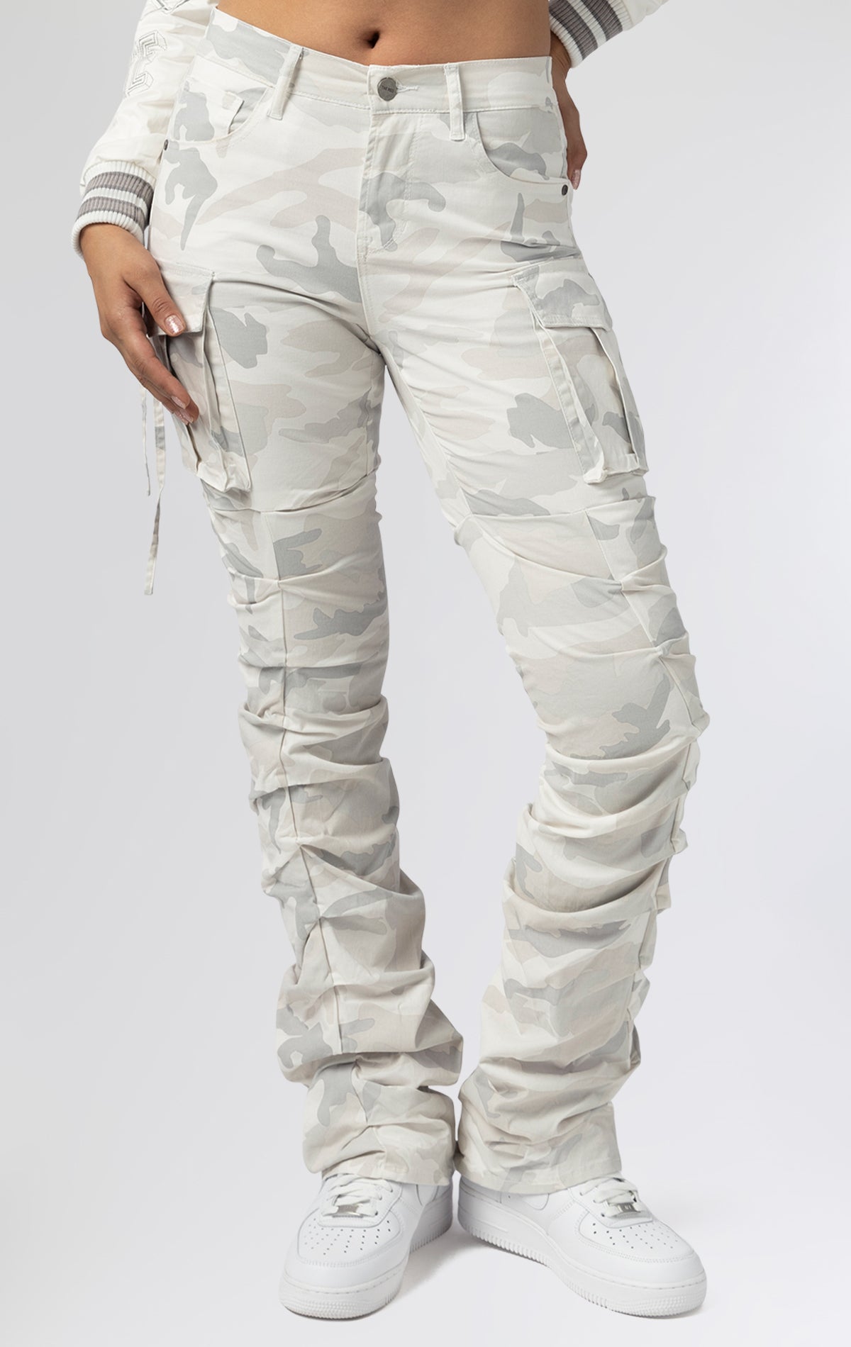 White stacked cargo pants in off white camo