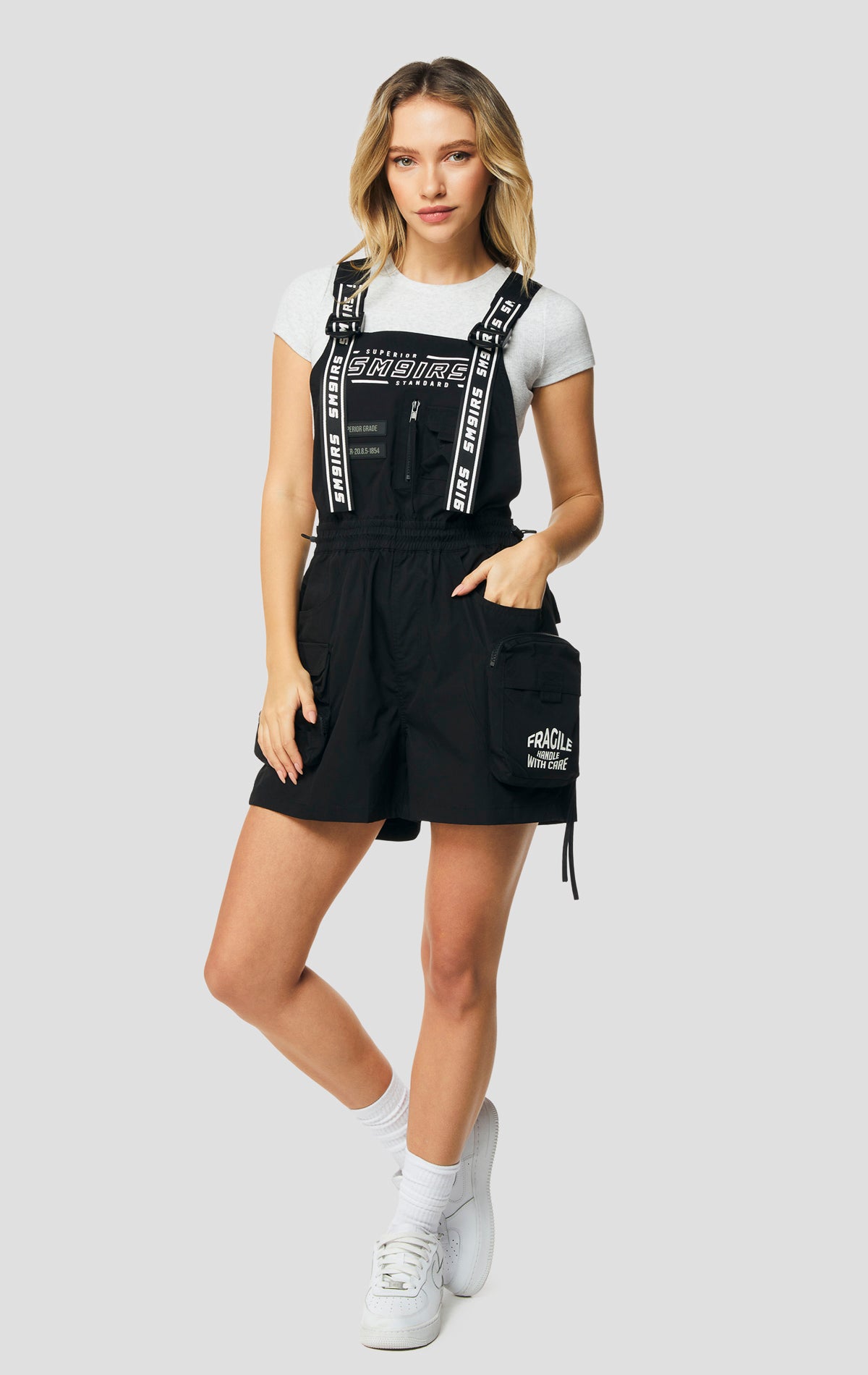 Black Regular fit utility overall shorts