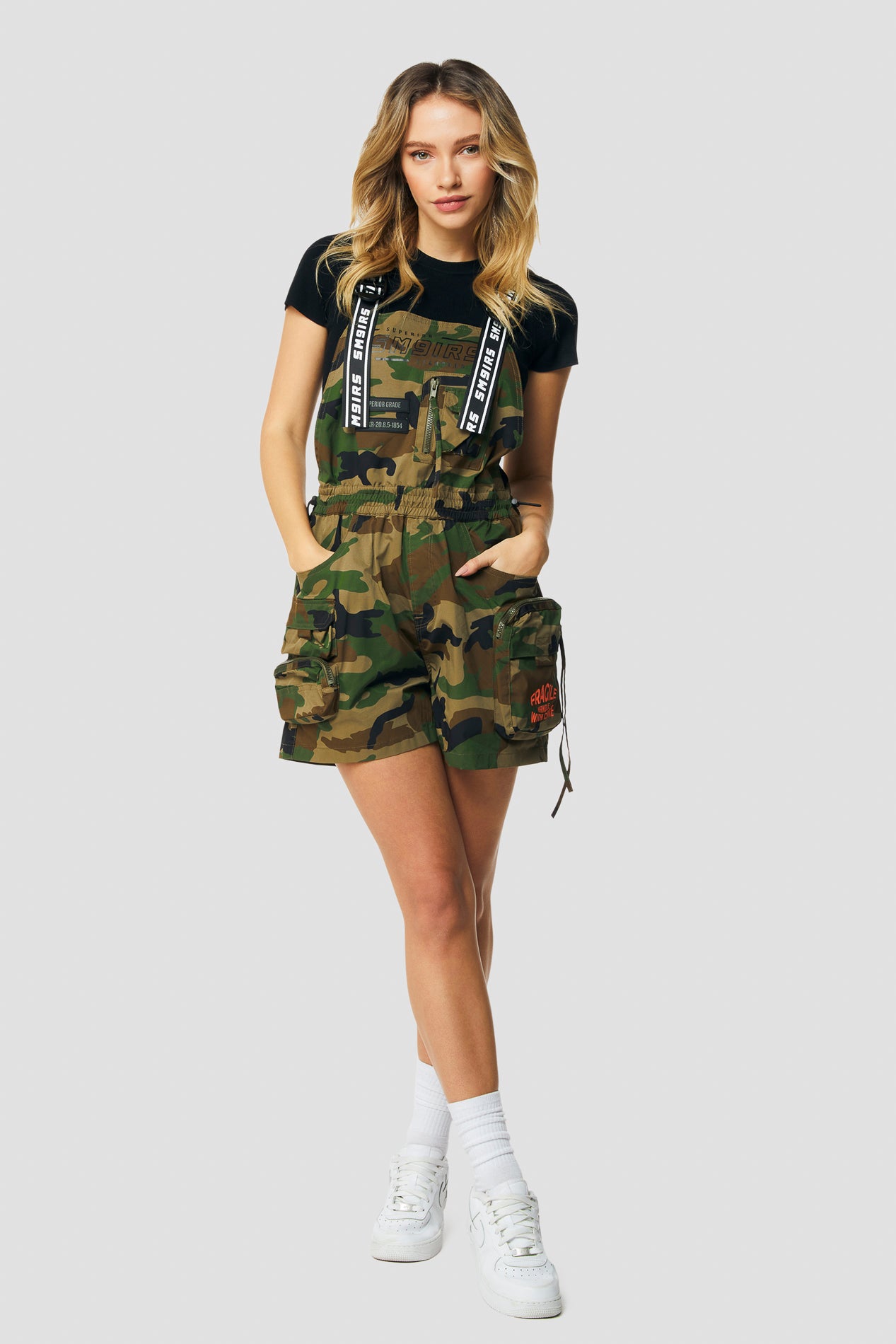 Wood Camo Regular fit utility overall shorts