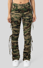 Wood Camo High rise strap bootcut twill pants.