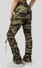 Wood Camo High rise strap bootcut twill pants.