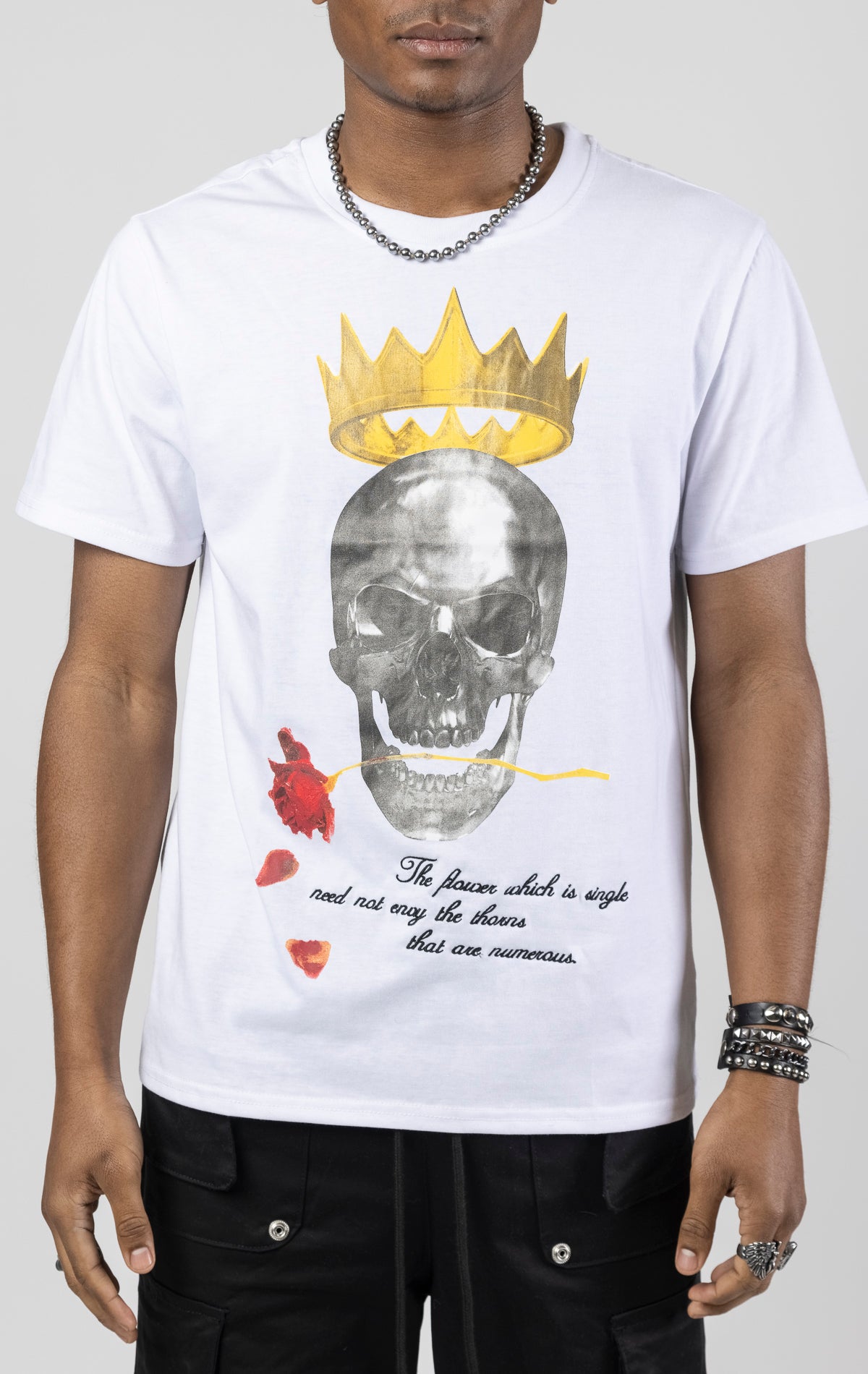 Graphic crewneck t-shirt in white featuring a skull king design on the front. The shirt is made from a blend of 65% polyester and 35% cotton.