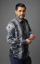 Summer Night Stone button-up shirt from Under the Sun featuring bold floral, Greek key pattern, rhinestone, Medusa, and jewels prints, lightweight, long-sleeve design.