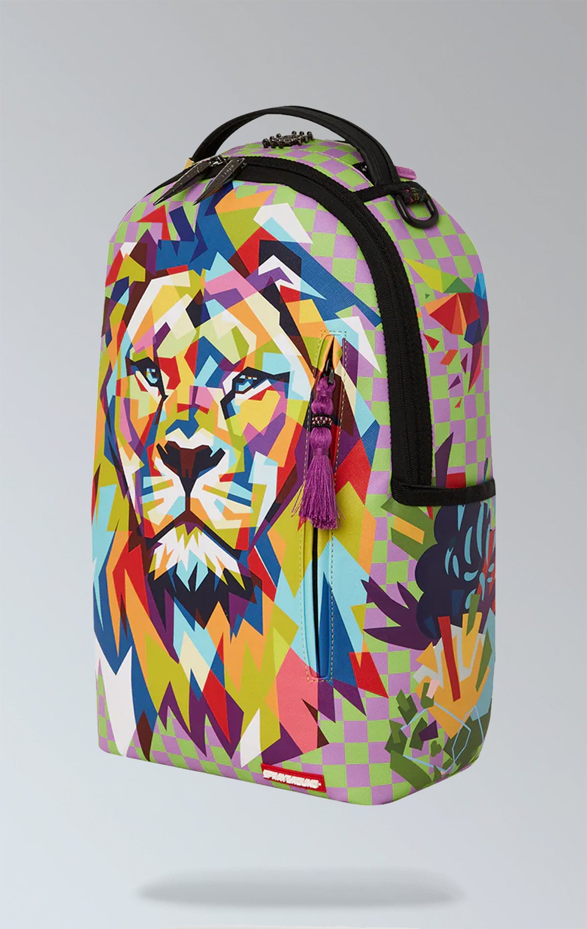 Colorful Sprayground DLXSV backpack with eye-catching AI-inspired graphic, featuring separate velour laptop & sunglass compartments, padded back, and luggage sleeve.
